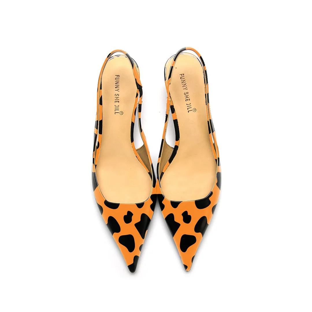 Orange Leopard Print Patent Leather Pointed Toe Elegant Kitten Heel Slingback Dress Pump Shoes Nicepairs