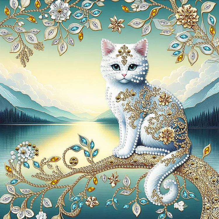 White Cat With Flowers By The Lake 30*30CM (Canvas) Special Shaped Drill Diamond Painting gbfke