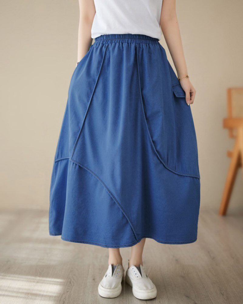 Patchwork Stitching Detail Side Pockets A-Line Midi Skirt
