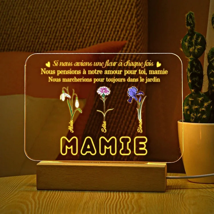 Lampe de Chevet LED 3 Fleurs et 3 Prénoms Personnalisés avec Texte Jessemade FR
