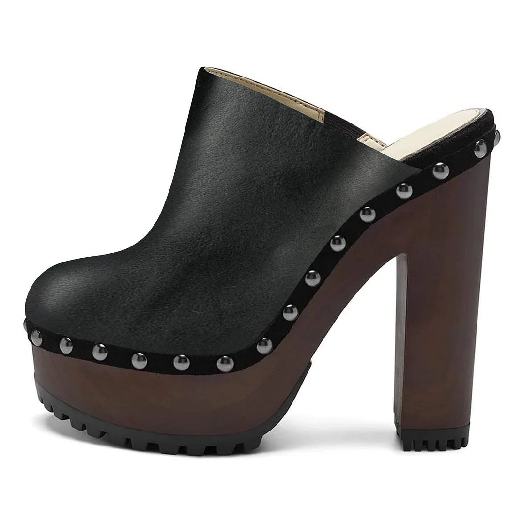 Black Studded Heeled Clogs Round Toe Platform Mules Vintage Shoes Nicepairs