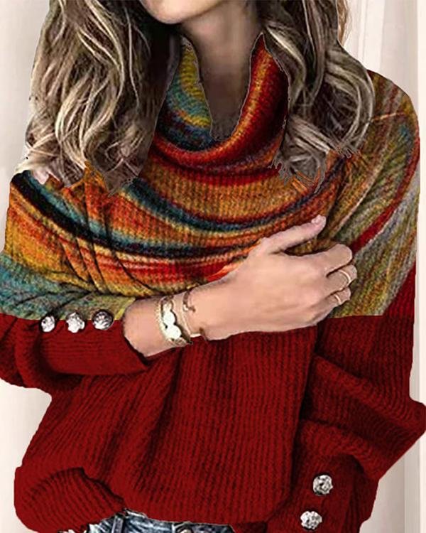 Color Block Printing Turtleneck Casual Sweaters - Chicaggo