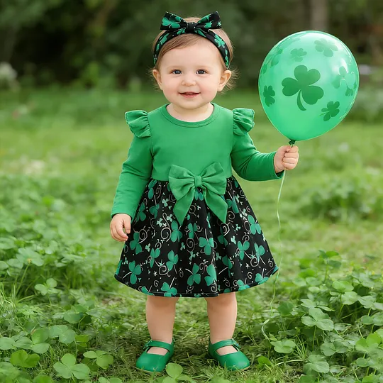 【3M-24M】Girls' St. Patrick's Day Shamrock Print Long-Sleeve Dress With Bow Accents