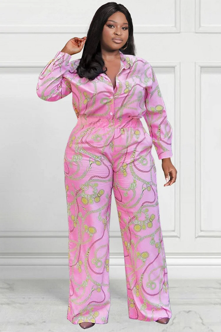 Plus Size Semi Formal Pant Sets Elegant Pink Chain Long Spring Summer Fall Winter Shirt Collar Long Sleeve Satin Two Piece Pant Sets [Pre-Order]