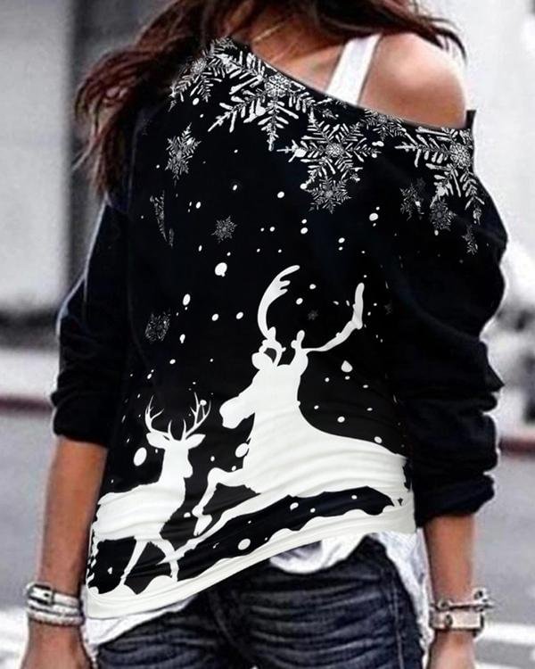 Women's One Shoulder Christmas Elk&Snowflake Blouses
