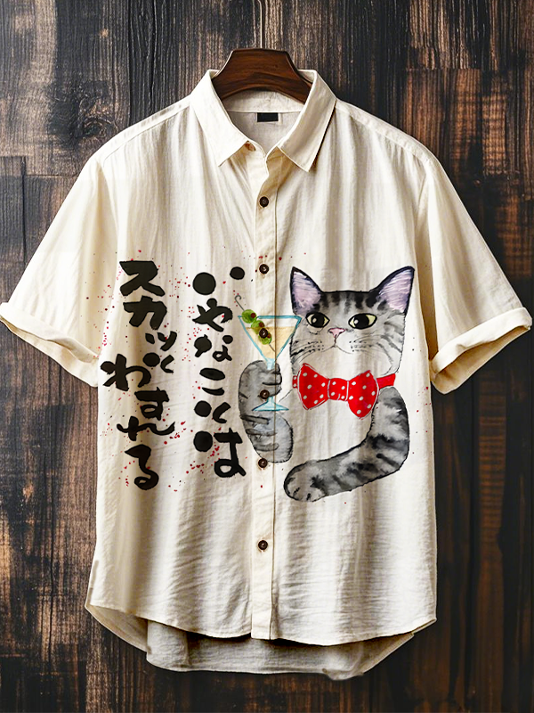 Men's Cat Drinking Cocktail Japanese Art Print Short Sleeve Shirt