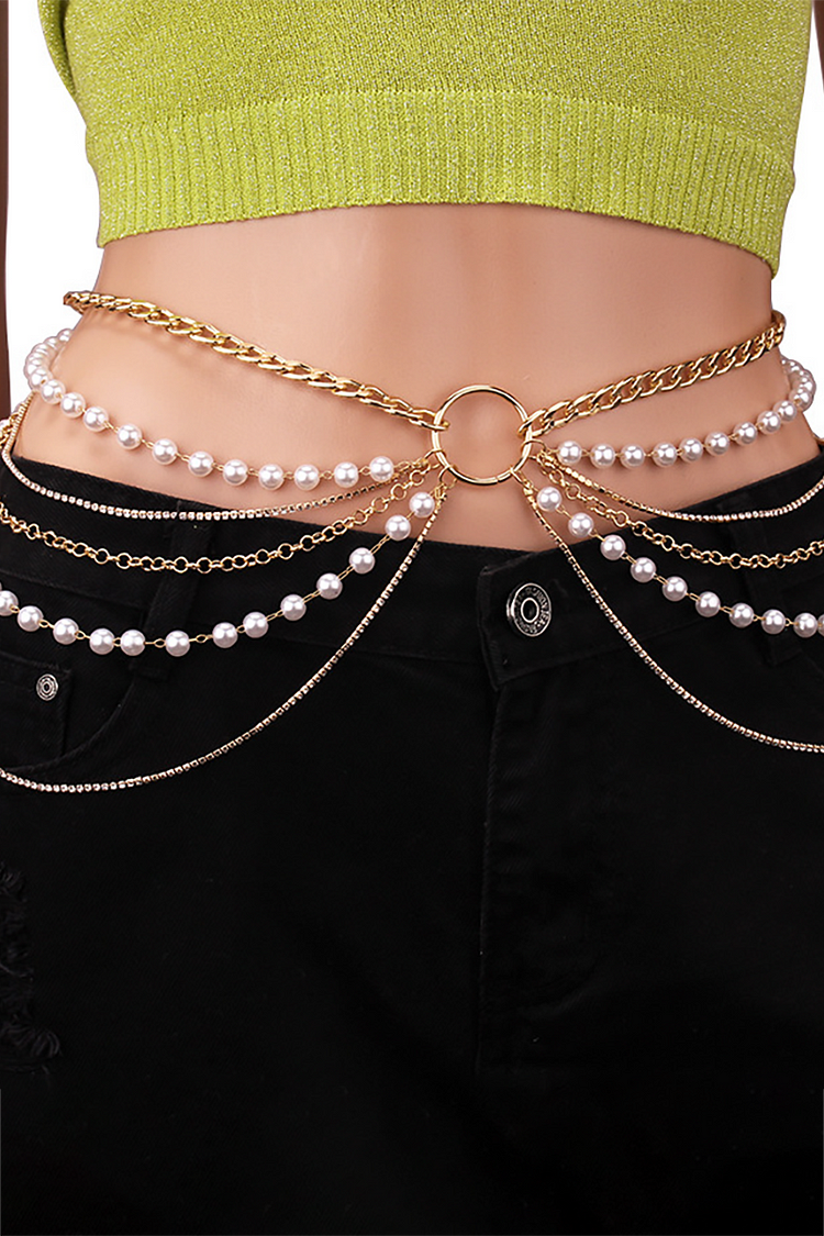 Layered Pearls Metallic Fashionable Waist Chain-Gold