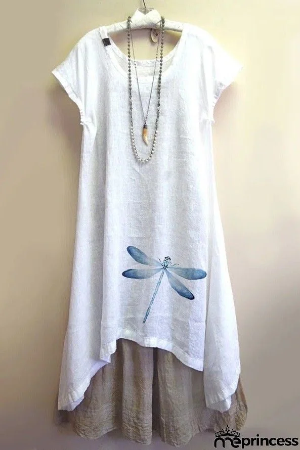 Dragonfly Print Short Sleeves Two Piece Midi Dress