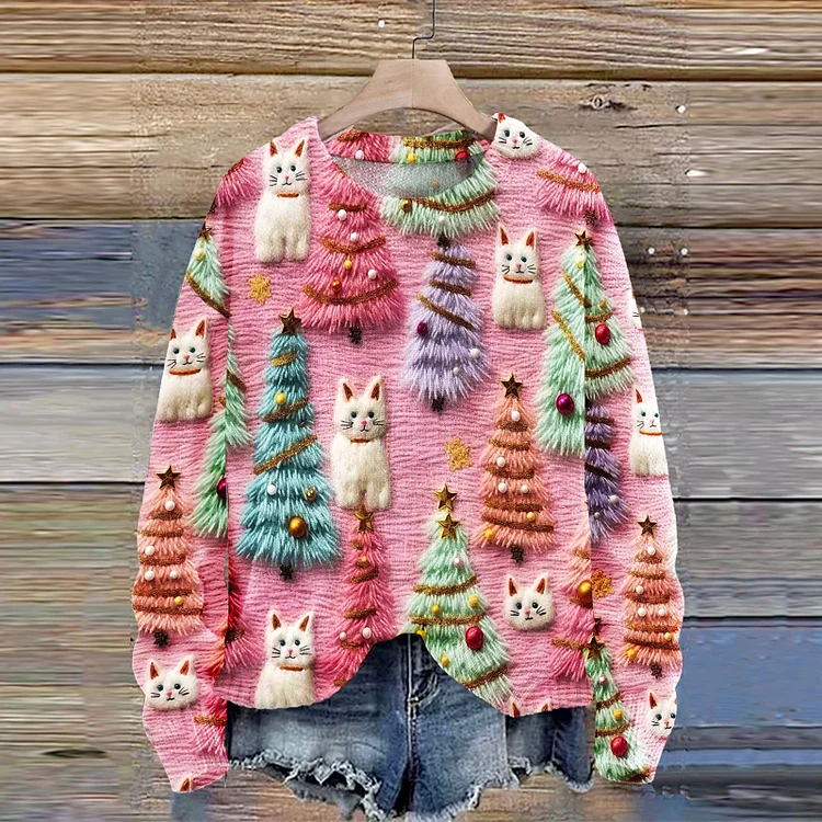 VChics Christmas Tree Cute Cat 3D Print Knit Pullover Sweater