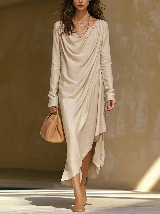 Women's Cotton-Blend Maxi Dress With Cowl Neck, Long Sleeves, And Asymmetrical Hem MD