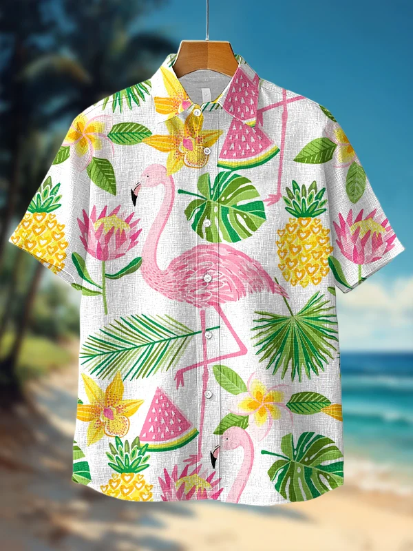 Men's Flamingo and Pineapple Tropical Pattern Vacation Print Short Sleeve Shirt