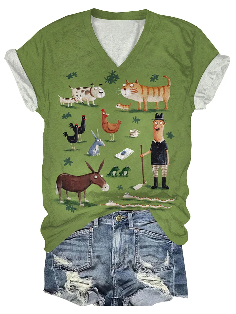 Animals Farm Print V-Neck Short Sleeve T-Shirt