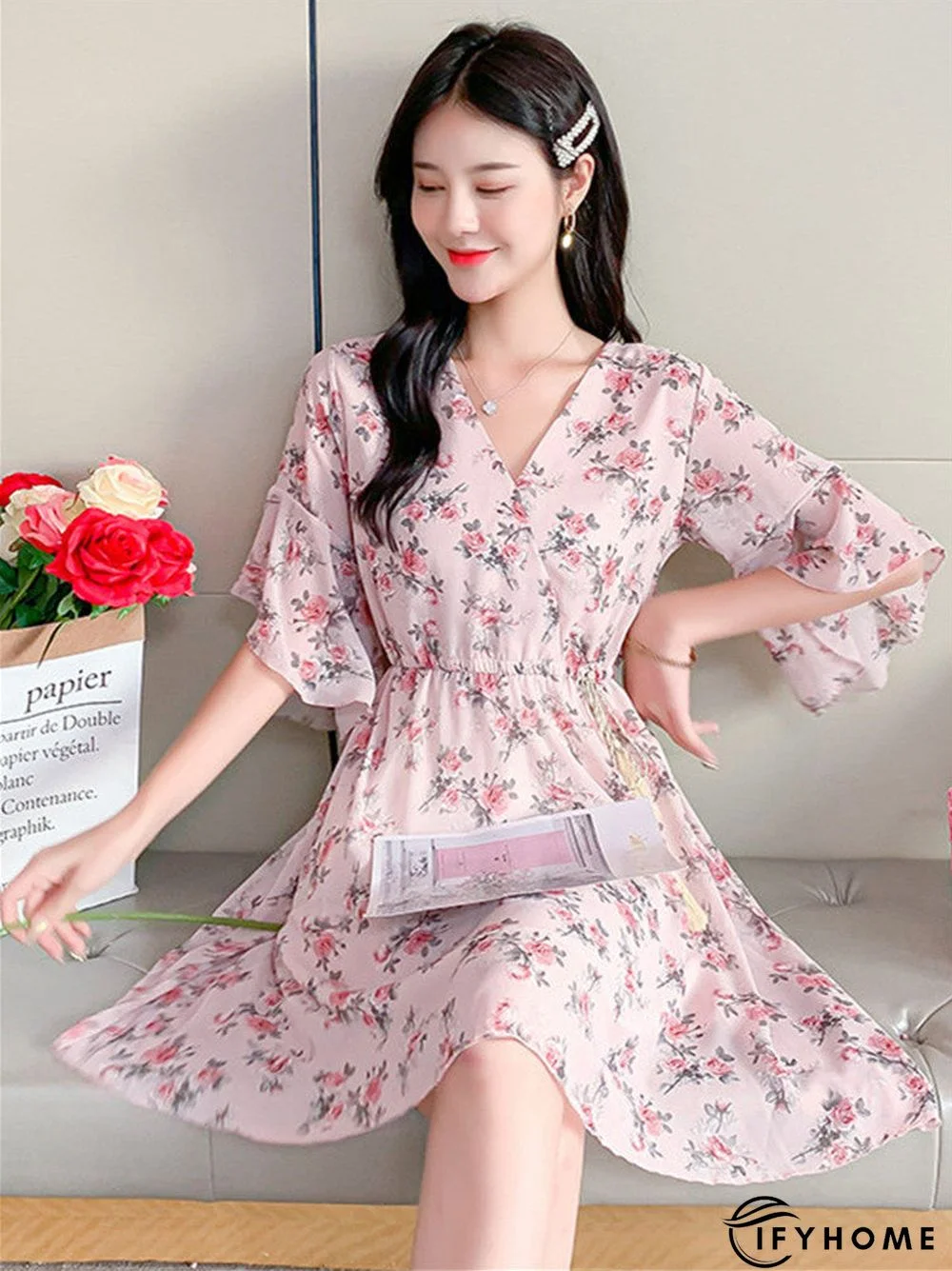 Spring Summer Chiffon Women V-Neck Floral Print Short Dresses Sweet Ruffle Sleeeve Slim Drawstring Ladies Dress | IFYHOME