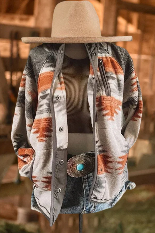 Geometric Desert Pattern Buttoned Fleece Jacket