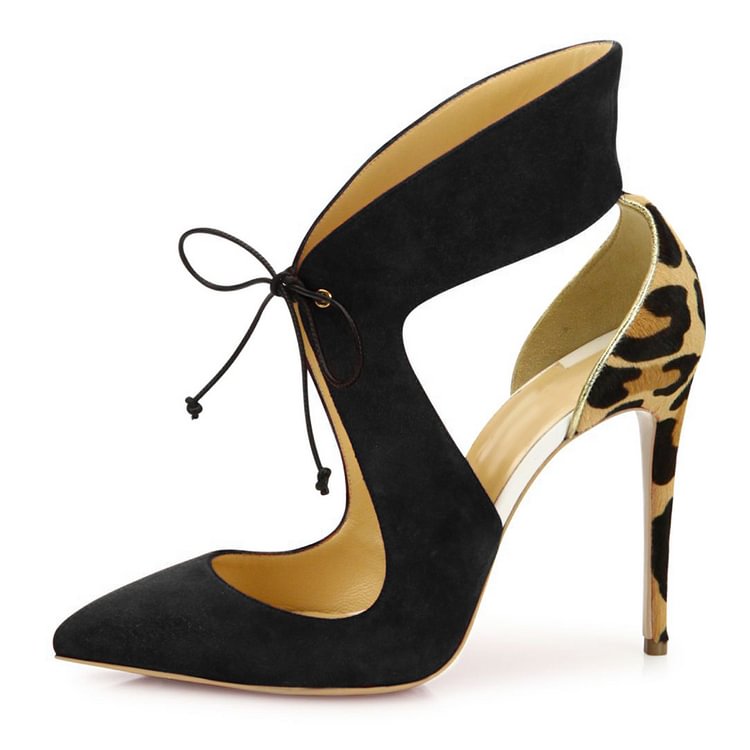Black Lace up Heels Suede Leopard Print Pumps Stiletto Heels |FSJ Shoes