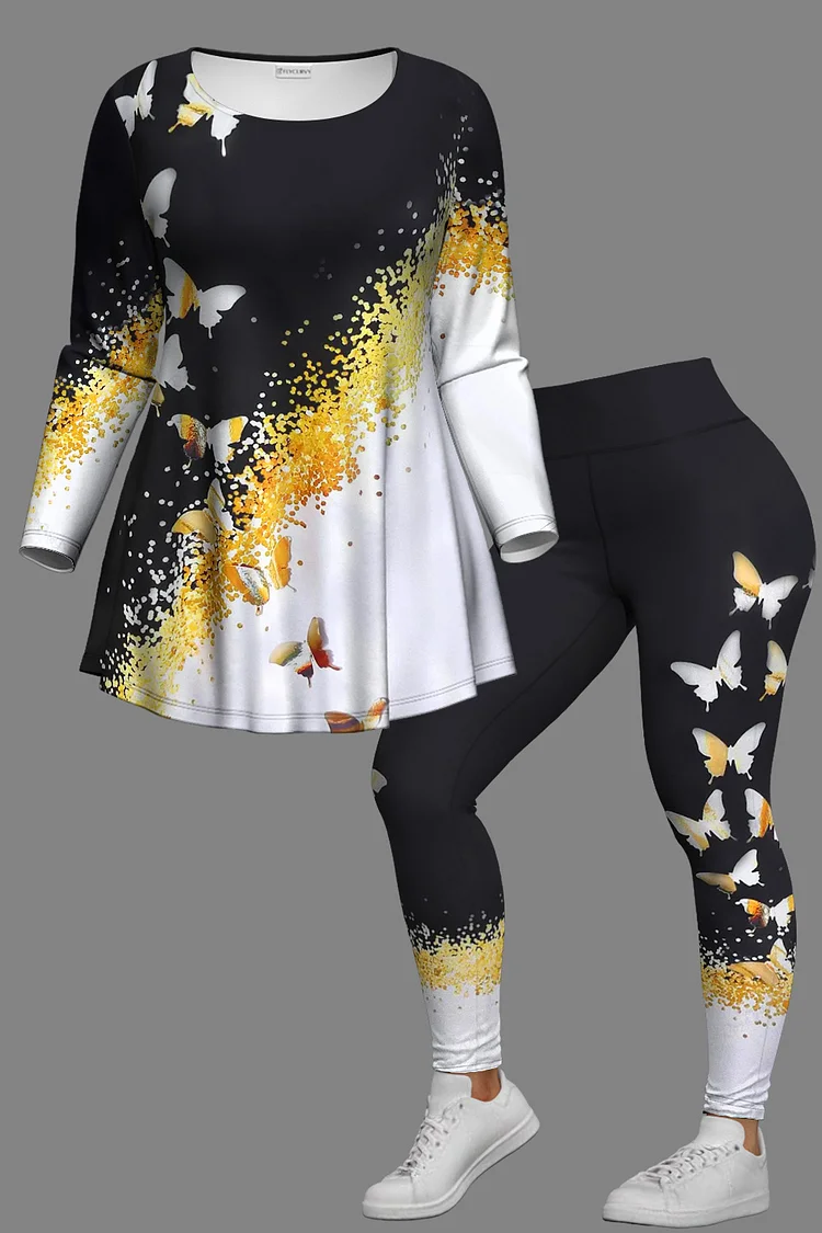 Flycurvy Plus Size Casual Black Sparkly Butterfly Print Long Sleeve Two Piece Pant Set  Flycurvy [product_label]