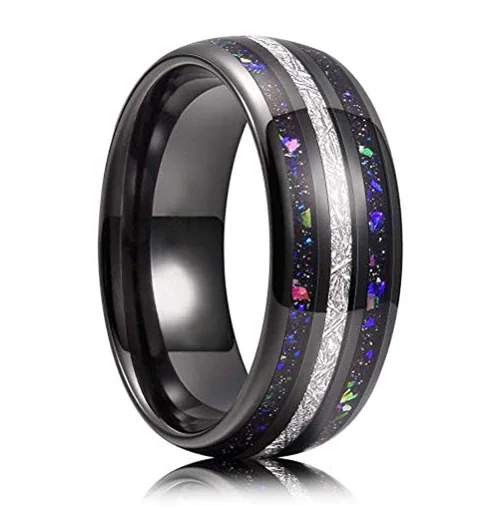 Women's Or Men's Tungsten Carbide Wedding Band Matching Rings,Black Tone Meteorite Rings with Multi Color Rainbow Opal Inlay Ring Organic colors With Mens And Womens For Width 4MM 6MM 8MM 10MM