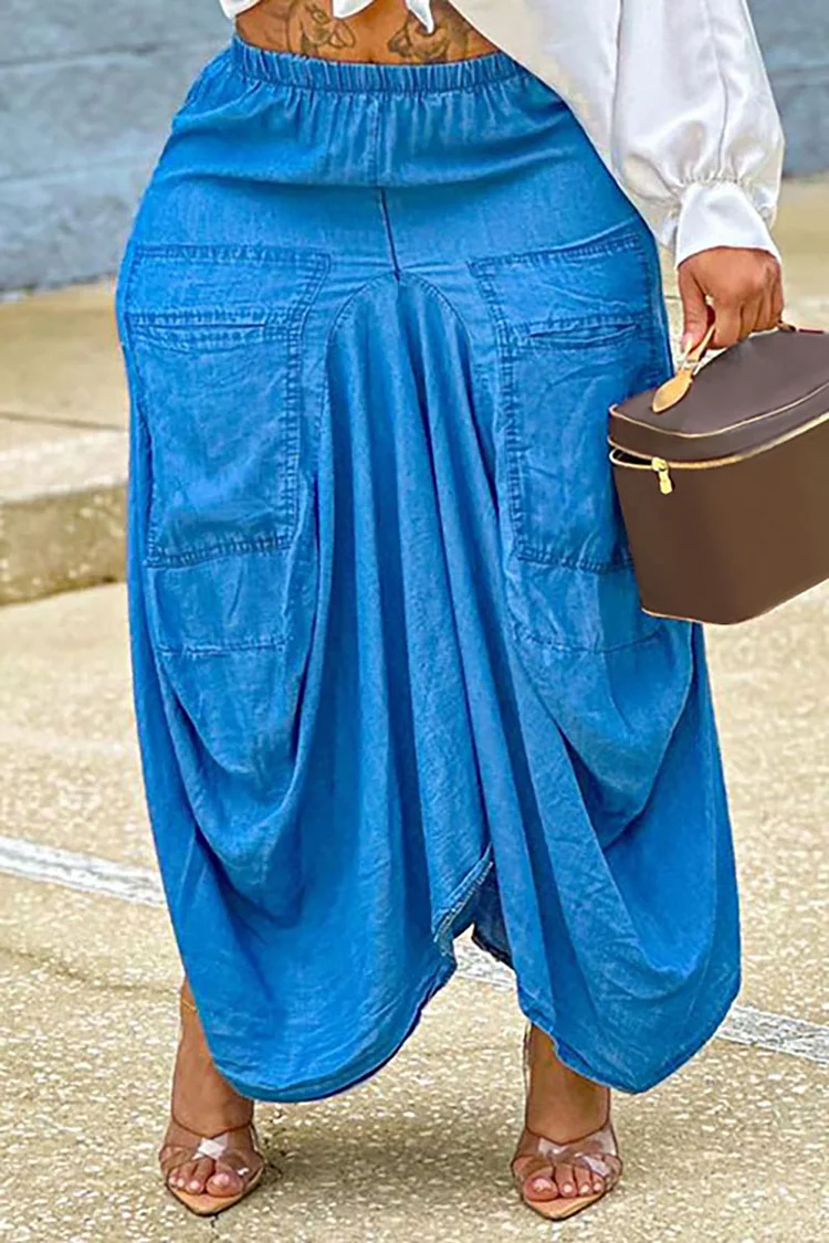 Bodycon Elastic Waist Pockets Irregular Maxi Skirt