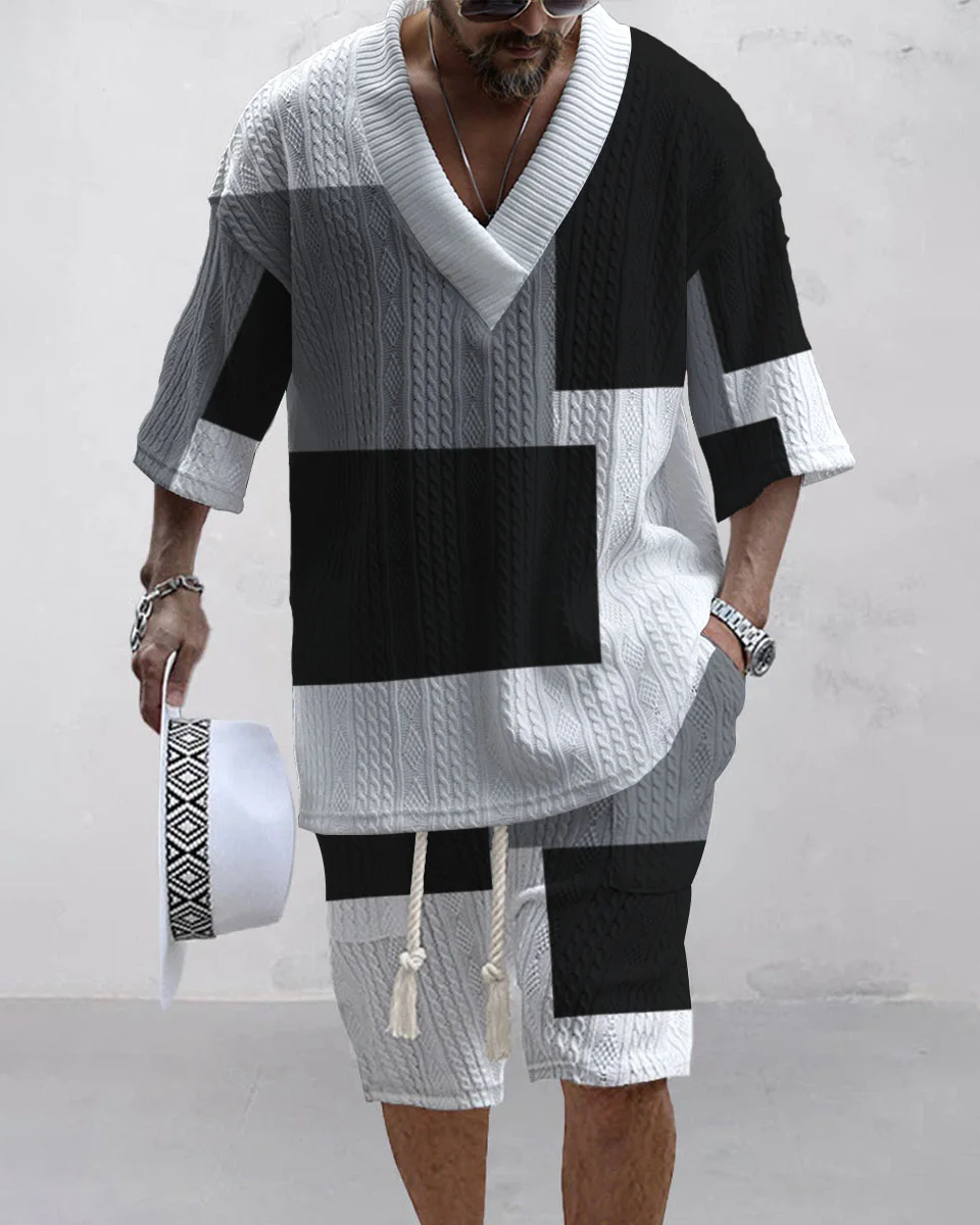 Men's V-neck luxury textured print shorts Set 013