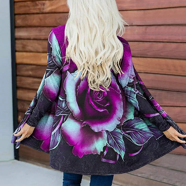 Vefave Casual Rose Floral Print Long Sleeve Loose Cardigan