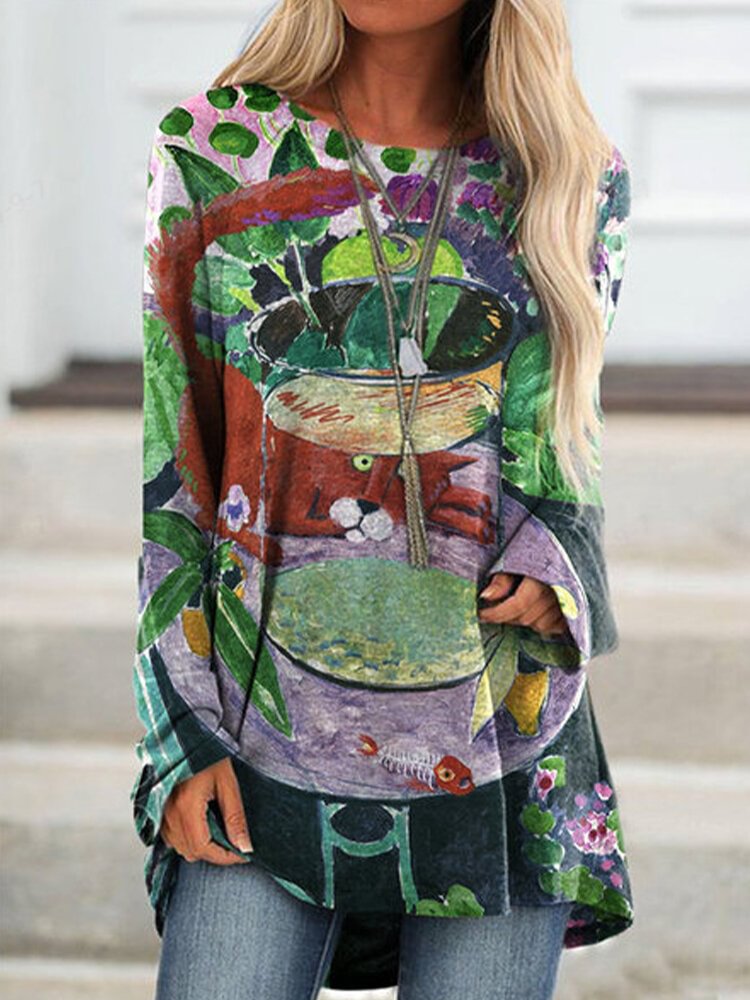 Cartoon Print Long Sleeve O neck Casual Blouse For Women P1751770