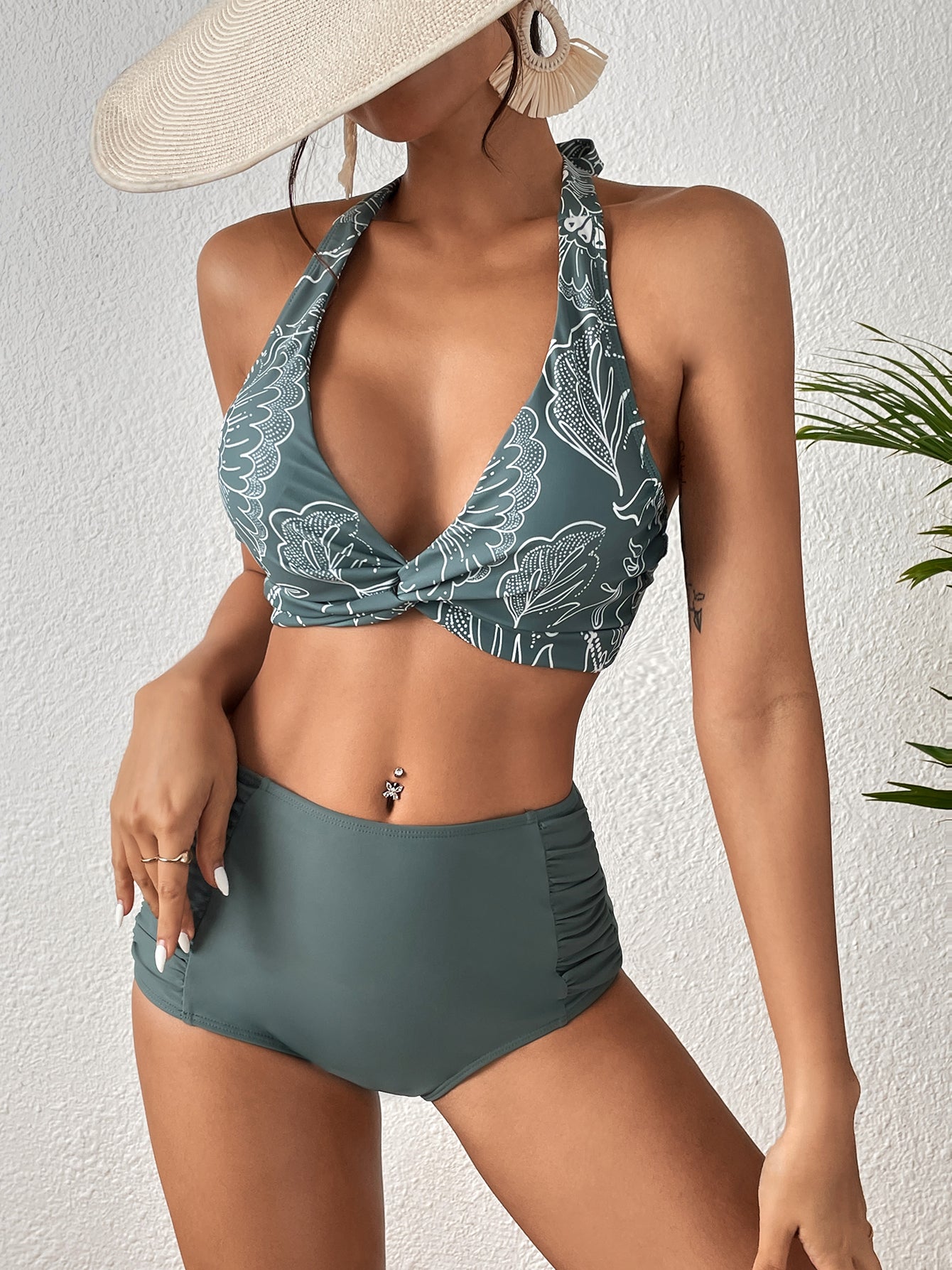 Shirred High Waist Retro Bikini Bottoms