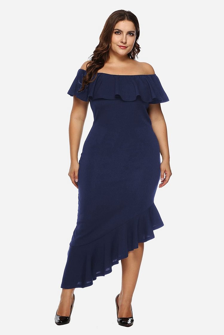 Off-shoulder Ruffle-detail Asymmetric-hem Dress P13687