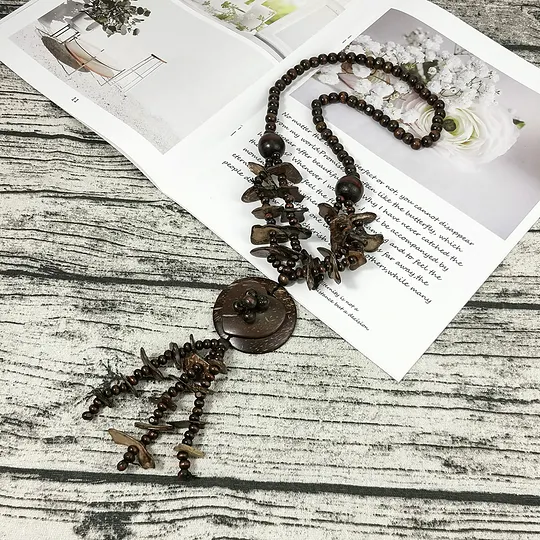 Bohemian Necklace Coconut Shell Pendant Brown Multi-layer Bead Necklace Ethnic Style Wooden Woven Long Necklace Sweater Chain