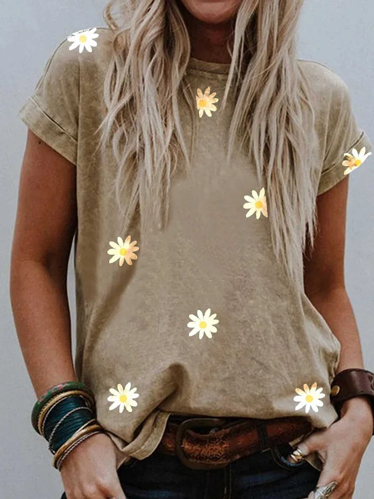 Bestdealfriday Khaki Printed Round Neck Patchwork Short Sleeve Shirts Tops 9471907