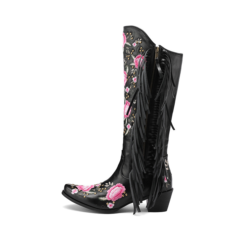 TAAFO Embroidered Pink Flower Rivet Tassel Boot Ladies Shoes Tall Knee High Ladies Boots Women Cowboy Boots
