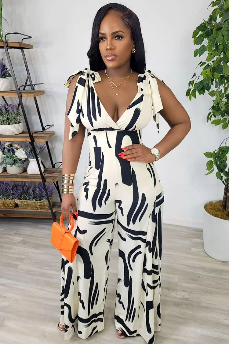 Pattern Print Tied Up Sleeveless Deep V Neck V-Shaped Backless Wide Leg Jumpsuit