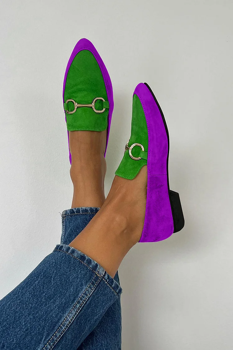 Color Block Metal Buckle Pointy Toe Slip-On Flats