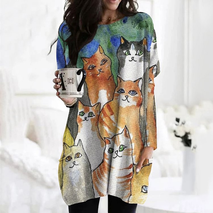 Vefave Cat Print Long Sleeve Pocket Tunic