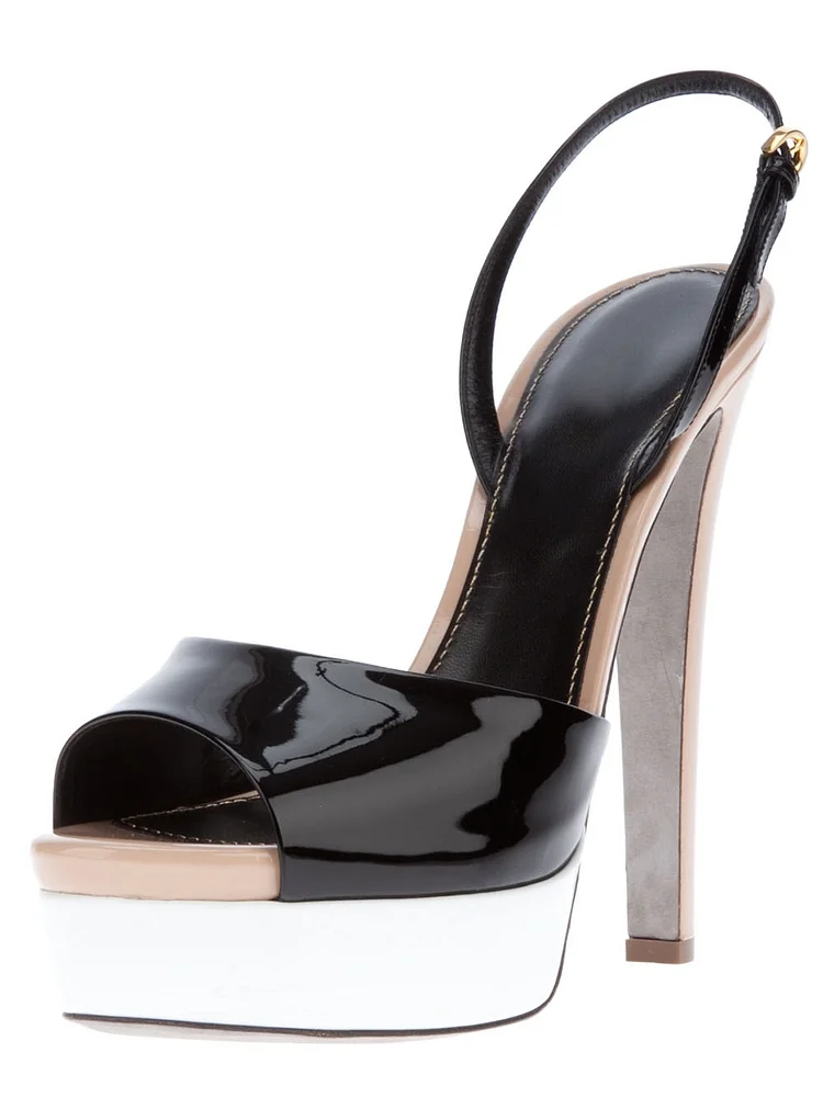 Black Patent Leather Chunky Heel Slingback Peep Toe Sandals Vdcoo