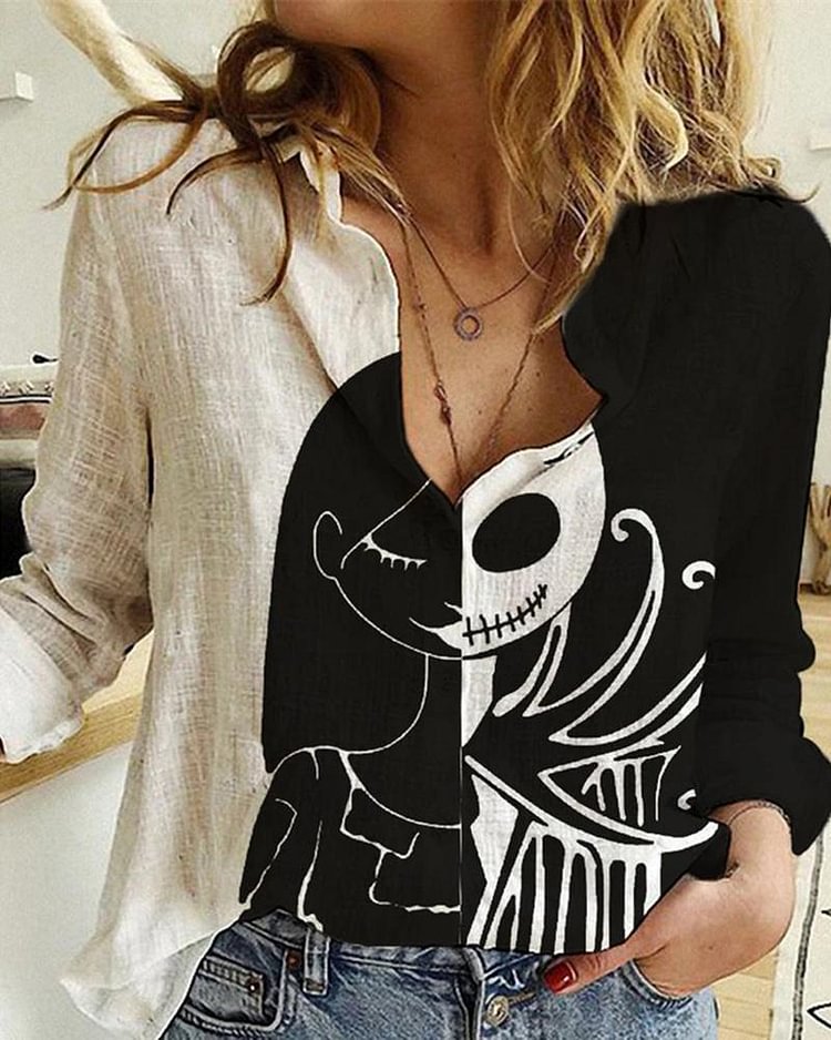 Halloween Colorblock Skeleton Print Long Sleeve Casual Shirt P12212