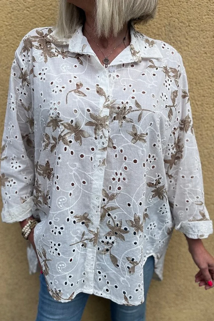 Hollow Out Floral Printed Linen Turndown Collar Irregular Shirt [Pre Order]
