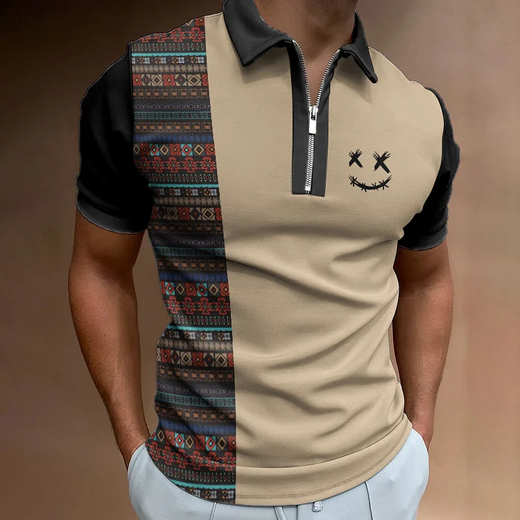 Broswear Men's Colorful Geometric & Smile Face Print Patchwork Polo Shirt