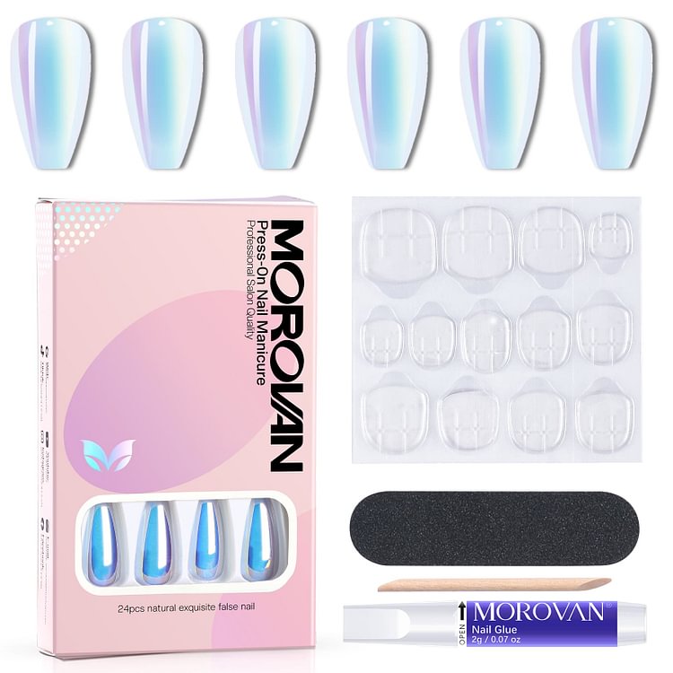 24PCS Fake Nails 14 Sizes Mirror White Press On Nails Kit