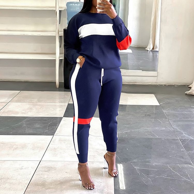 Vefave Patchwork Striped Long Sleeve Tracksuit Two Piece Set