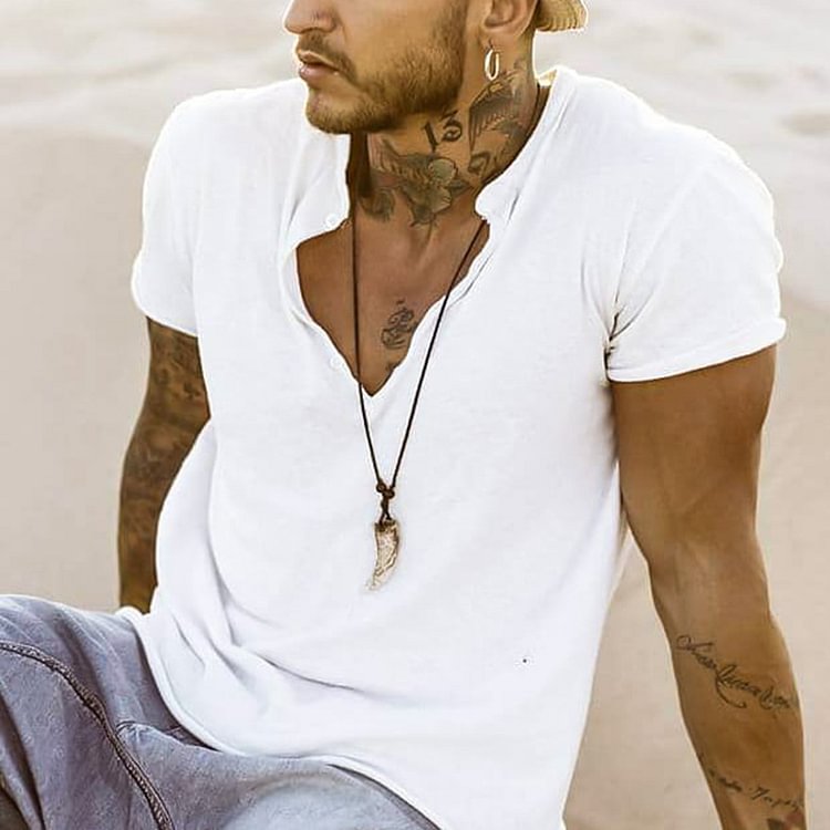 Holiday Solid Color V-neck Casual Breathable T-Shirt