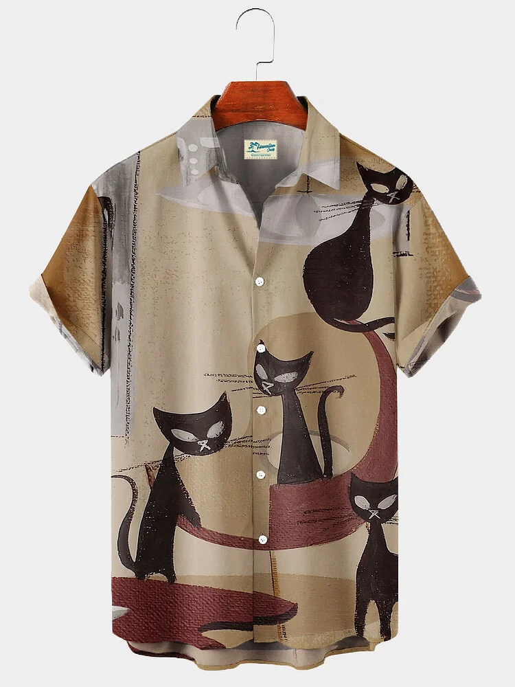 Men's Vintage Mid-Century Cat Print Short Sleeve Hawaiian Shirt socialshop