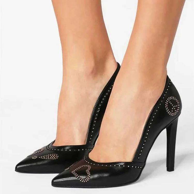 Black Studded Pointed Toe Stiletto Heel Pumps for Women |FSJ Shoes
