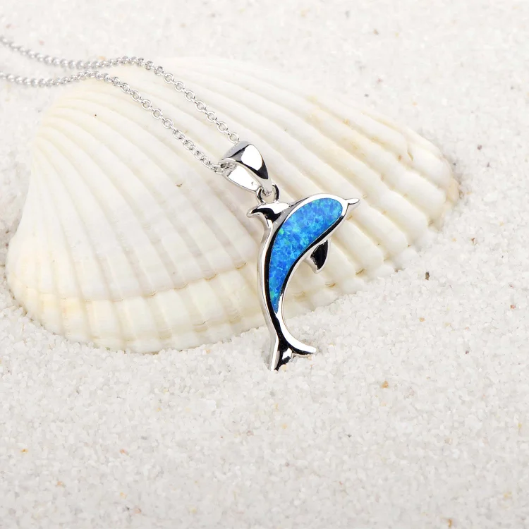 Olivenorma Blue Opal Ocean Dolphin Pendant Necklace