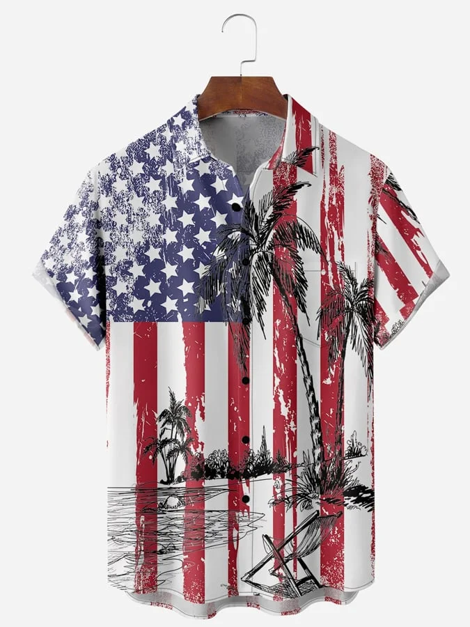 Men's Hawaiian Vacation American Flag Print Fashion Short Sleeve Shirt