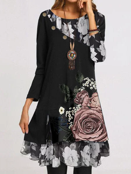 Women's Graphic Stitching Floral Printed Scoop Neck Long Sleeve Midi Dress