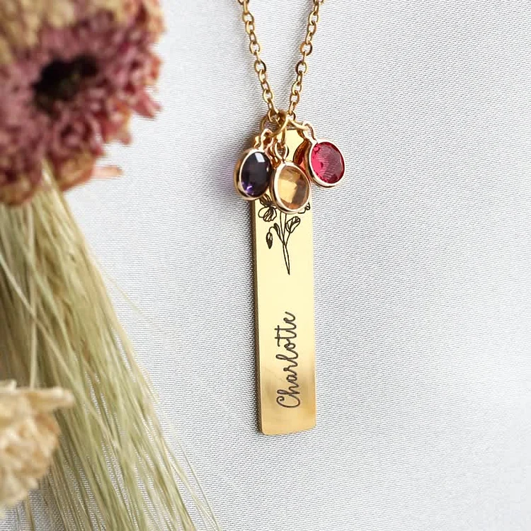 Personalized Birth Flower & Birthstone with Name Jewelry Necklace-Gold