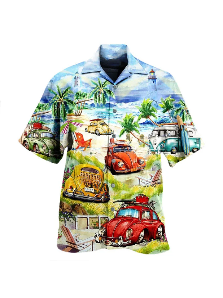 Men's Shirt Camp Collar Shirt Graphic Shirt Aloha Shirt Car Turndown Yellow Blue Orange Green 3D Print Street Daily Short Sleeve 3D Button-Down Clothing Apparel Fashion Designer Casual Comfortable-JRSEE