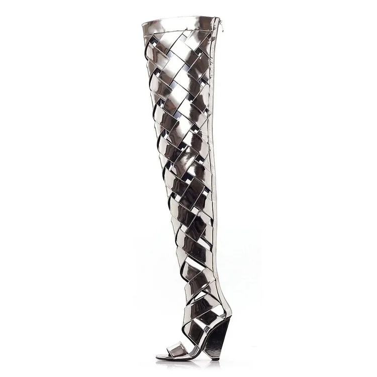 Metallic Silver Braided Open Toe Thigh-High Boots with Chunky Heel |FSJ Shoes