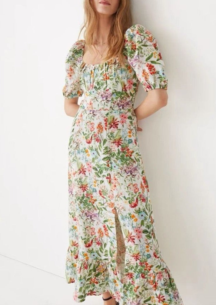 Cotton & Linen Cutout Puff Sleeve Dress