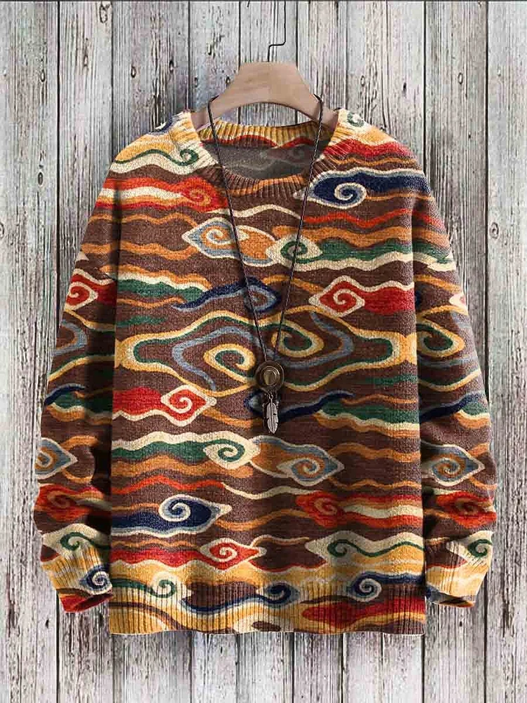 Vintage Swirling Clouds Art Print Casual Knit Pullover Sweater